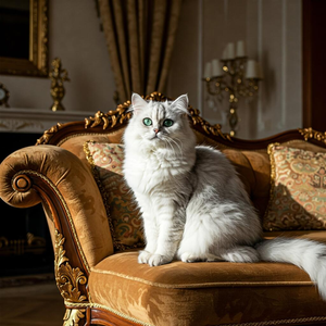 Elegant Persian Chinchilla cat with shimmering silver coat posing in luxurious home interior