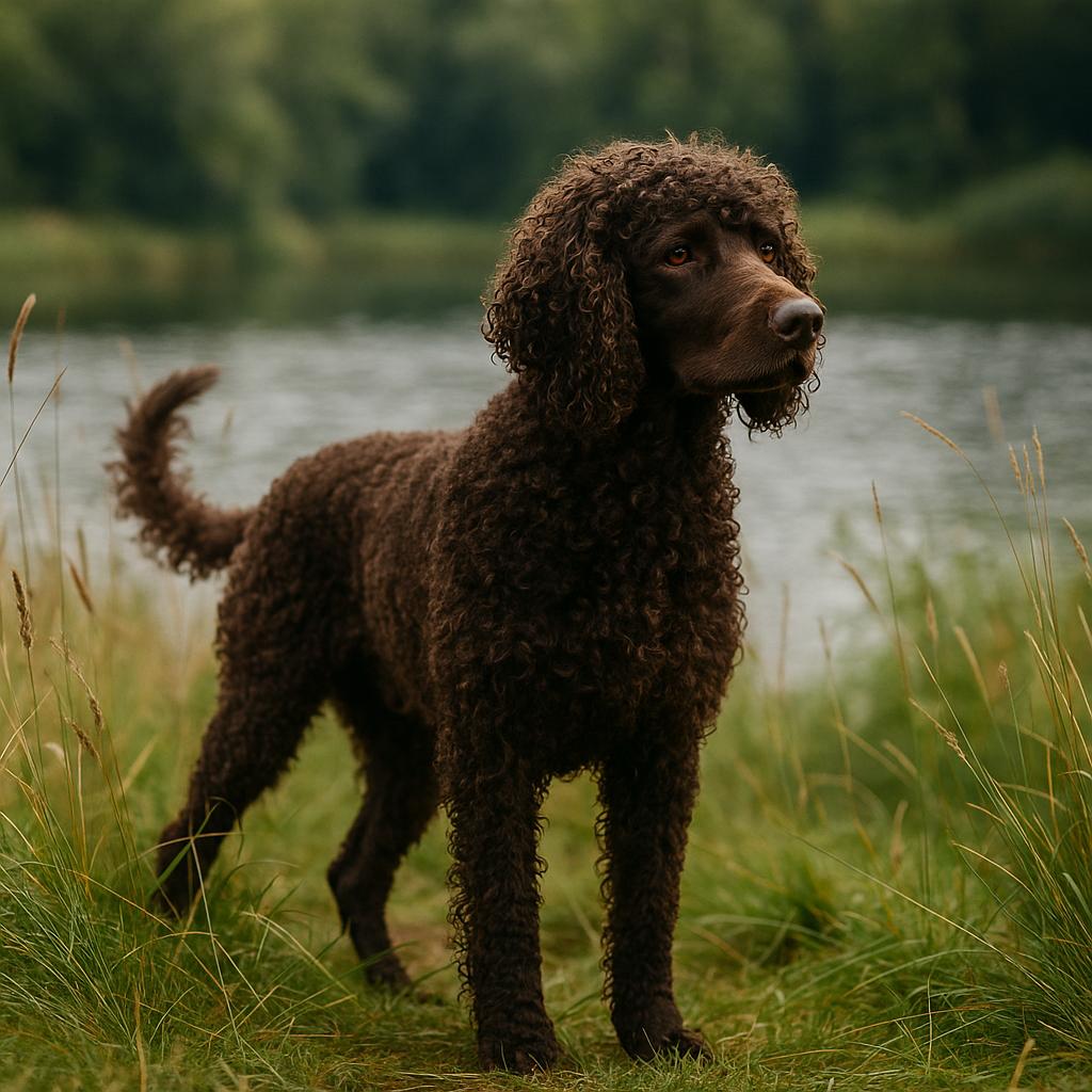 Irish Water Spaniel captured mid-leap above a misty lake