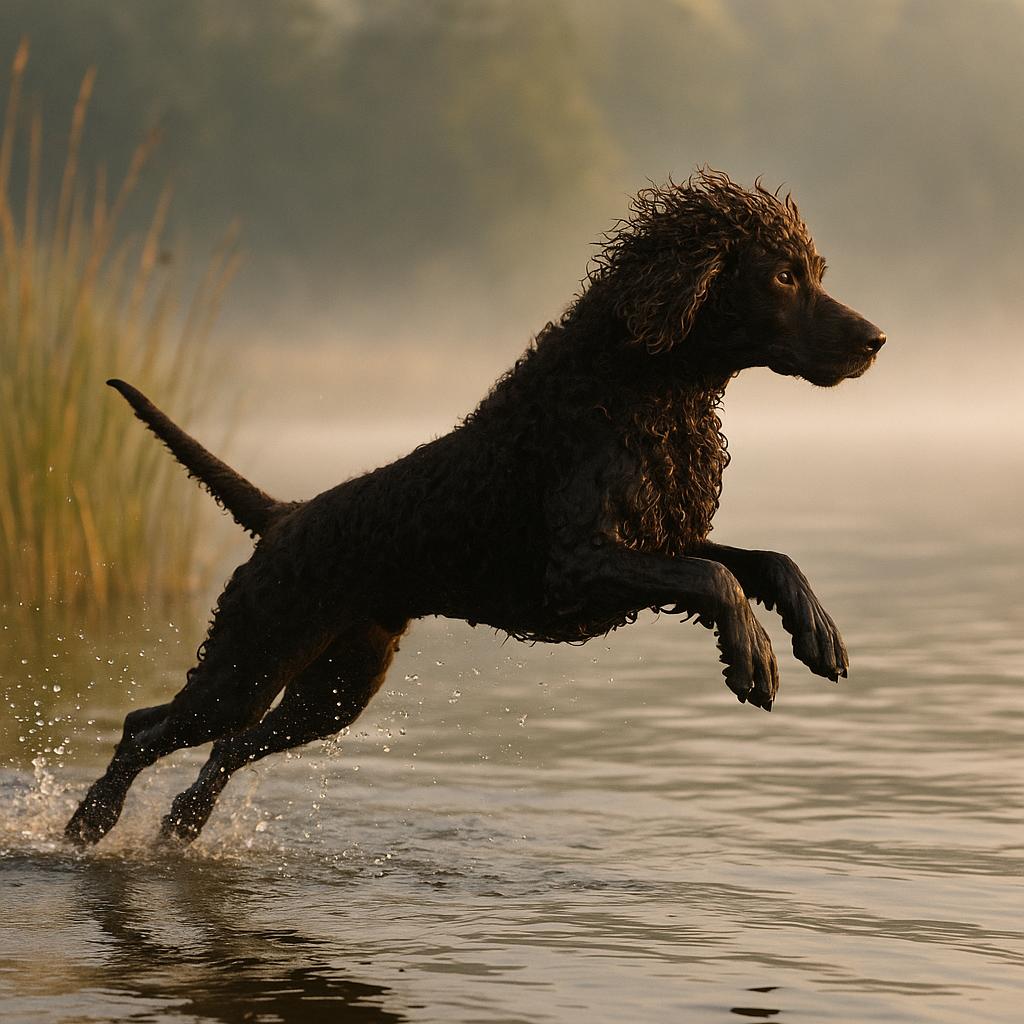 Irish Water Spaniel curly liver coat gleaming in dawn light.