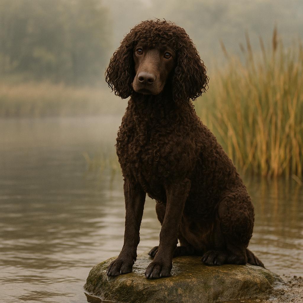 Irish Water Spaniel sits alert on a rock at the edge of a misty marshland.