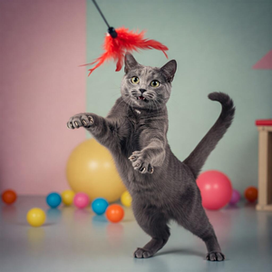 European Shorthair cat playing actively, showcasing its intelligence, friendly personality, and agility in a bright, playful environment.