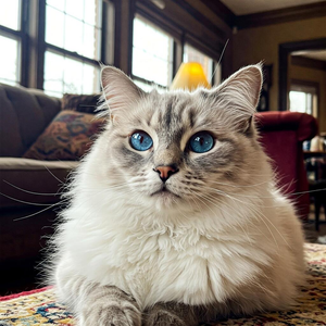 Ragdoll cat with striking blue eyes resting in cozy indoor space