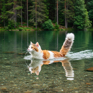 A Turkish Van cat gracefully swimming in clear blue water, showcasing its natural swimming abilities. The cat is focused and agile, with its distinctive white and colored coat flowing through the water, emphasizing the breed’s love for swimming.