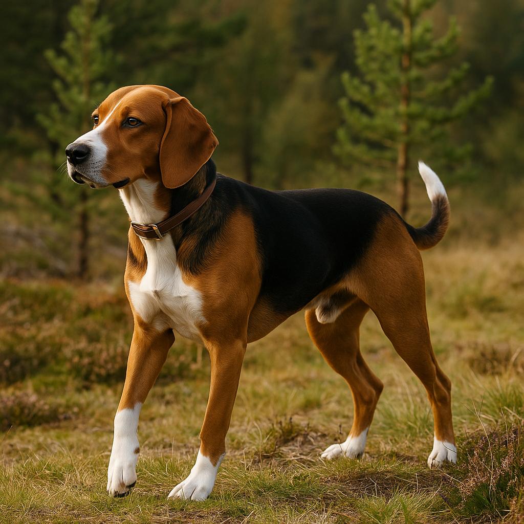 Tricolor hunting hound standing watchful on forest ridge.