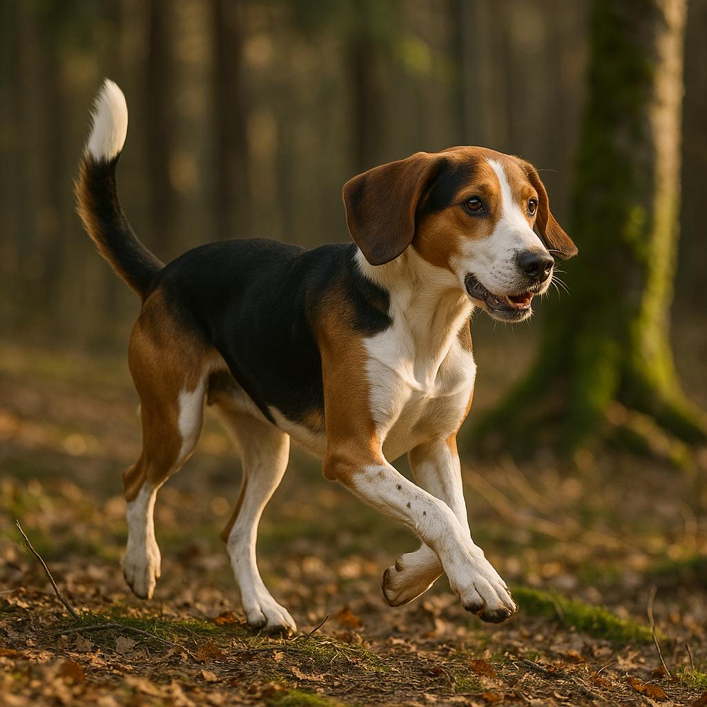 Focused tricolor hound bounding joyfully through autumn forest.