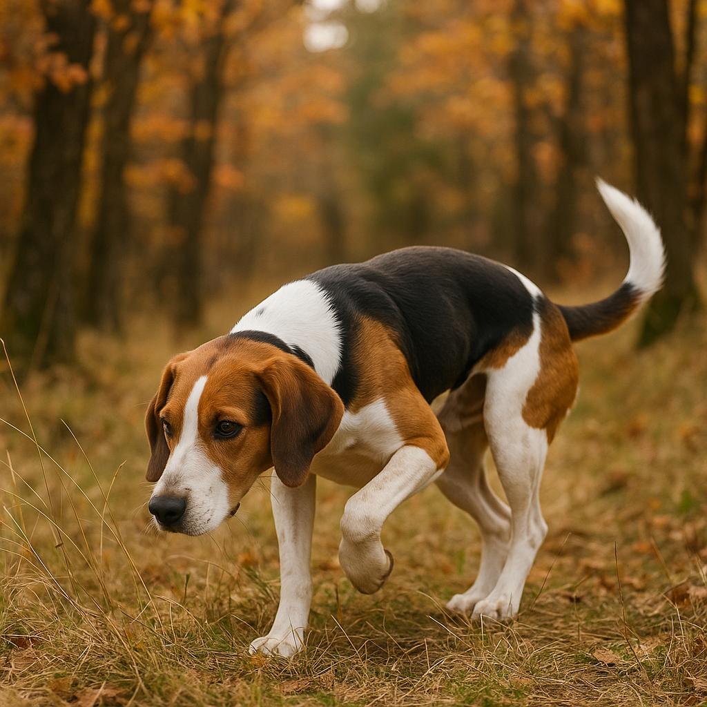 Tricolor scent hound crouched and tracking in golden woodland.
