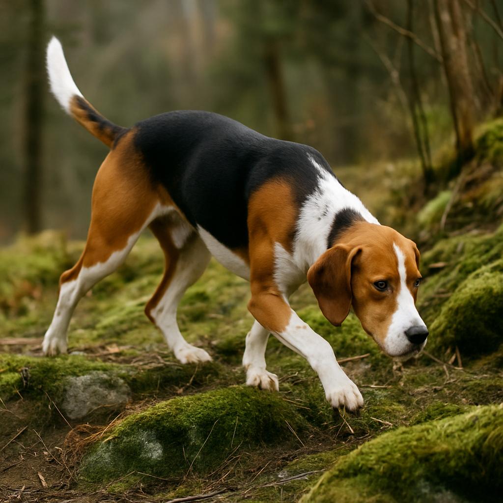 Focused tricolor hound tracking scent across mossy terrain.
