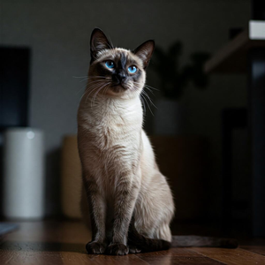 Siamese cat with striking blue eyes and elegant posture sitting in quiet indoor space, showcasing its vocal nature