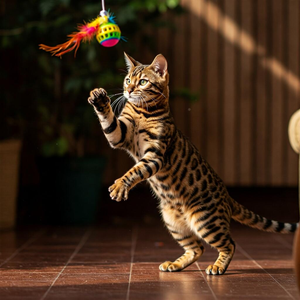 Energetic Bengal cat with wild, leopard-like markings, displaying playful behavior.
