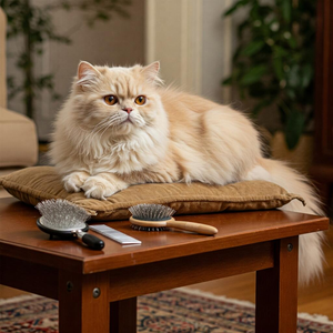 Persian cat with long silky fur relaxing in cozy indoor space with grooming tools nearby