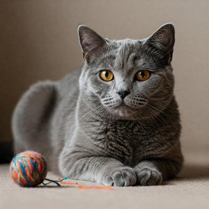 Calm and gentle Chartreux cat with a distinctive blue-grey coat and copper eyes. Intelligent and playful feline.