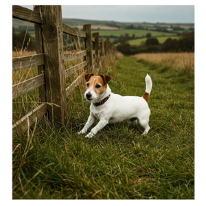 Energetic Jack Russell Terrier poised to leap in grass by a fence.
