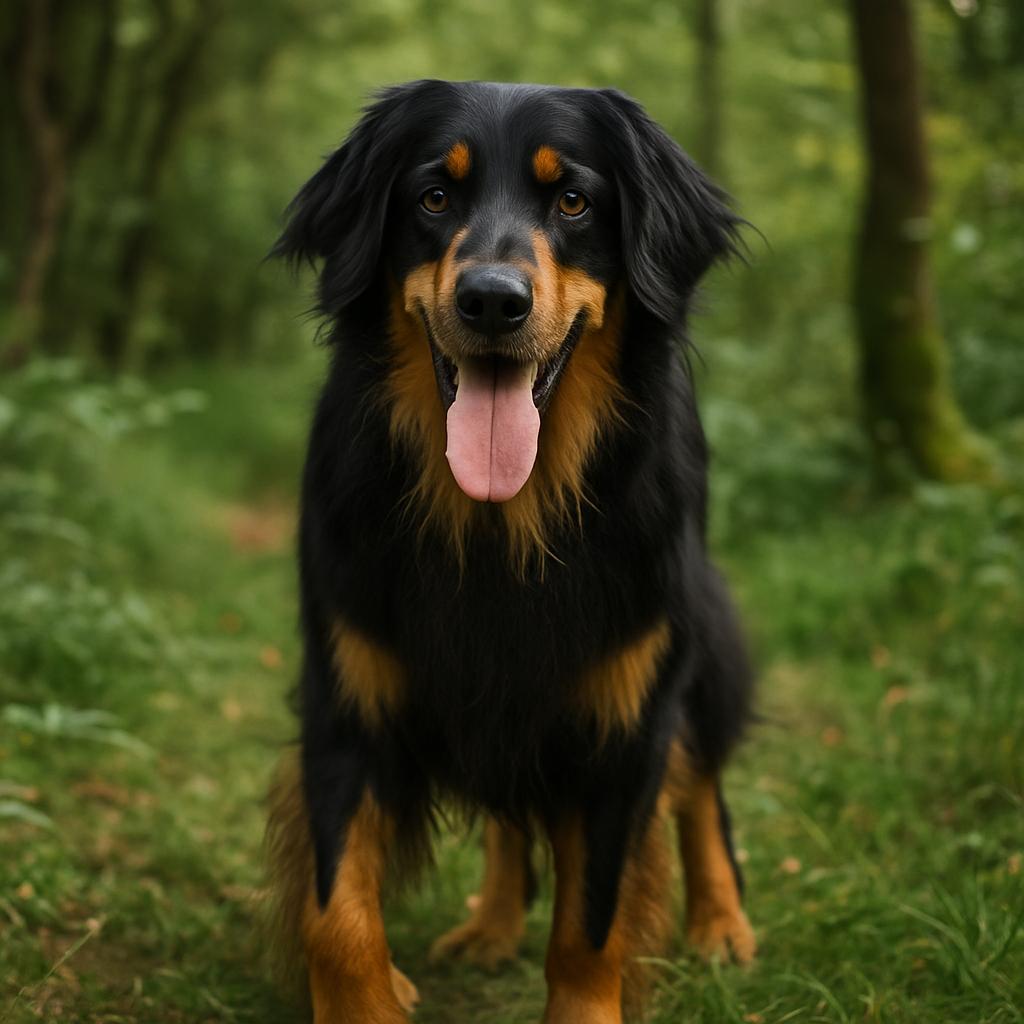 Black-and-tan guardian standing proudly on forest trail.