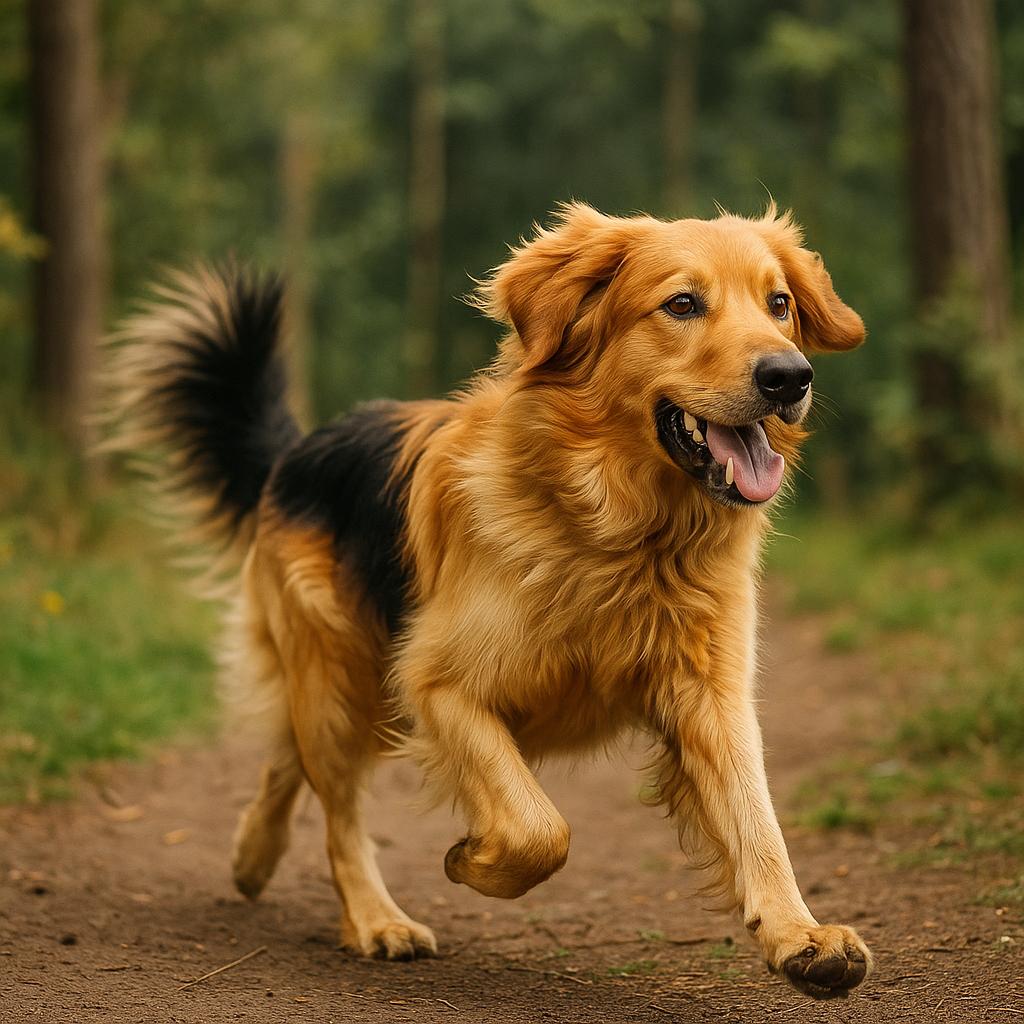 Golden-coated Hovawart bounding along woodland trail.