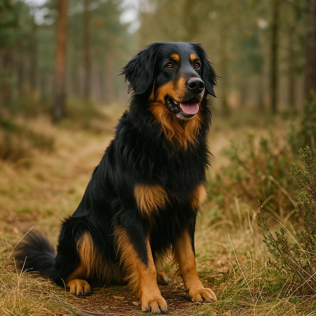 Black-and-tan forest guardian seated calmly in tall grass.