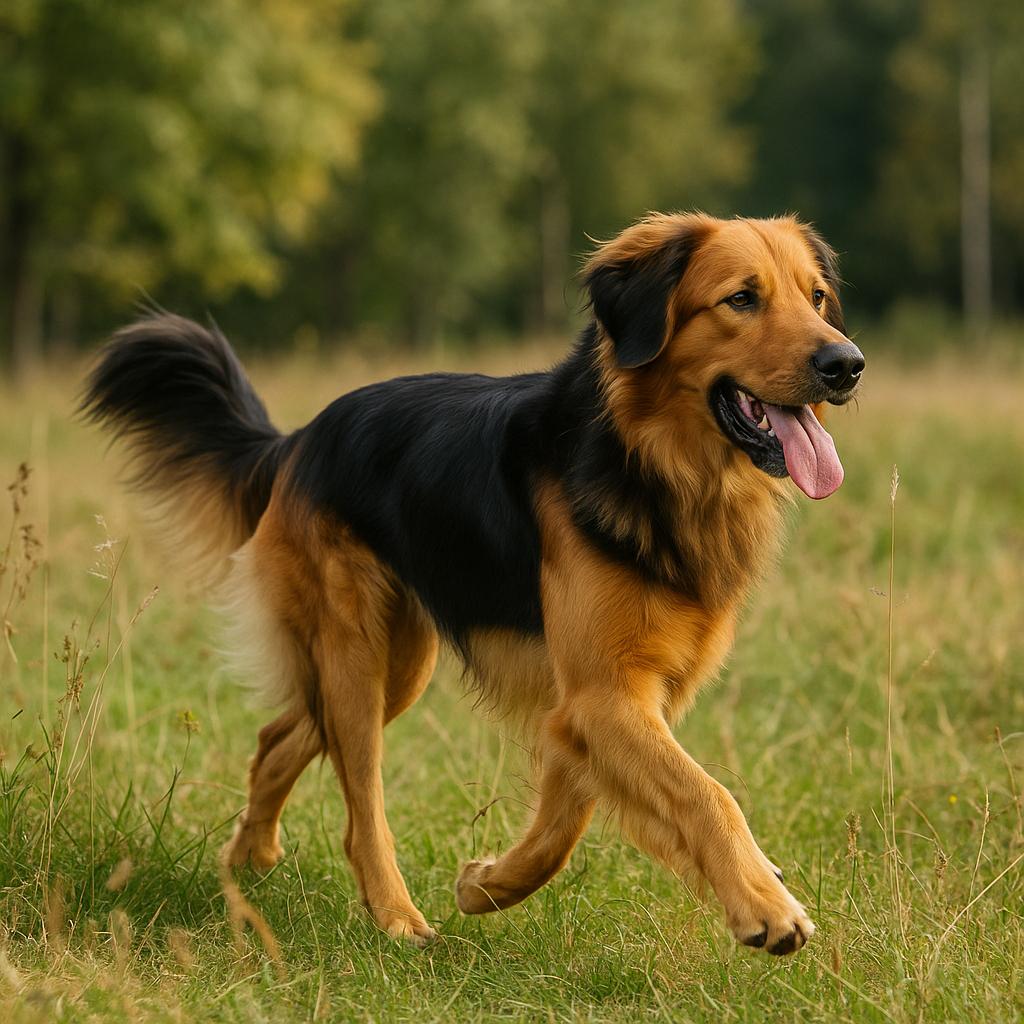 Golden-saddled Hovawart trotting confidently through open field.