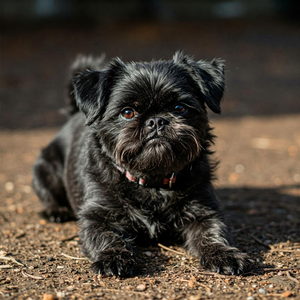 A small, black Affenpinscher dog with a distinctive wiry coat and expressive eyes lies on a textured ground.