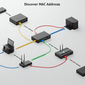 An image illustrating the process of finding MAC addresses for LAN-connected devices, with network cables and computer screens, representing the technical aspect of network management.