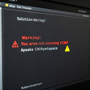 A stark digital warning message displayed prominently on a computer screen. The text 'Solution WARNING! You are not running CWP Apache' is shown in a bold, attention-grabbing red or orange color against a dark background, mimicking a command-line interface or a server administration panel. The word 'WARNING!' is particularly emphasized, possibly with a larger font size or a flashing effect. The surrounding interface elements are minimalist and technical, suggesting a server environment or software configuration screen. A small caution symbol (like an exclamation mark in a triangle) might be present to further underscore the warning.