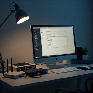 Computer setup showing network troubleshooting on Windows after system update in a modern home office environment