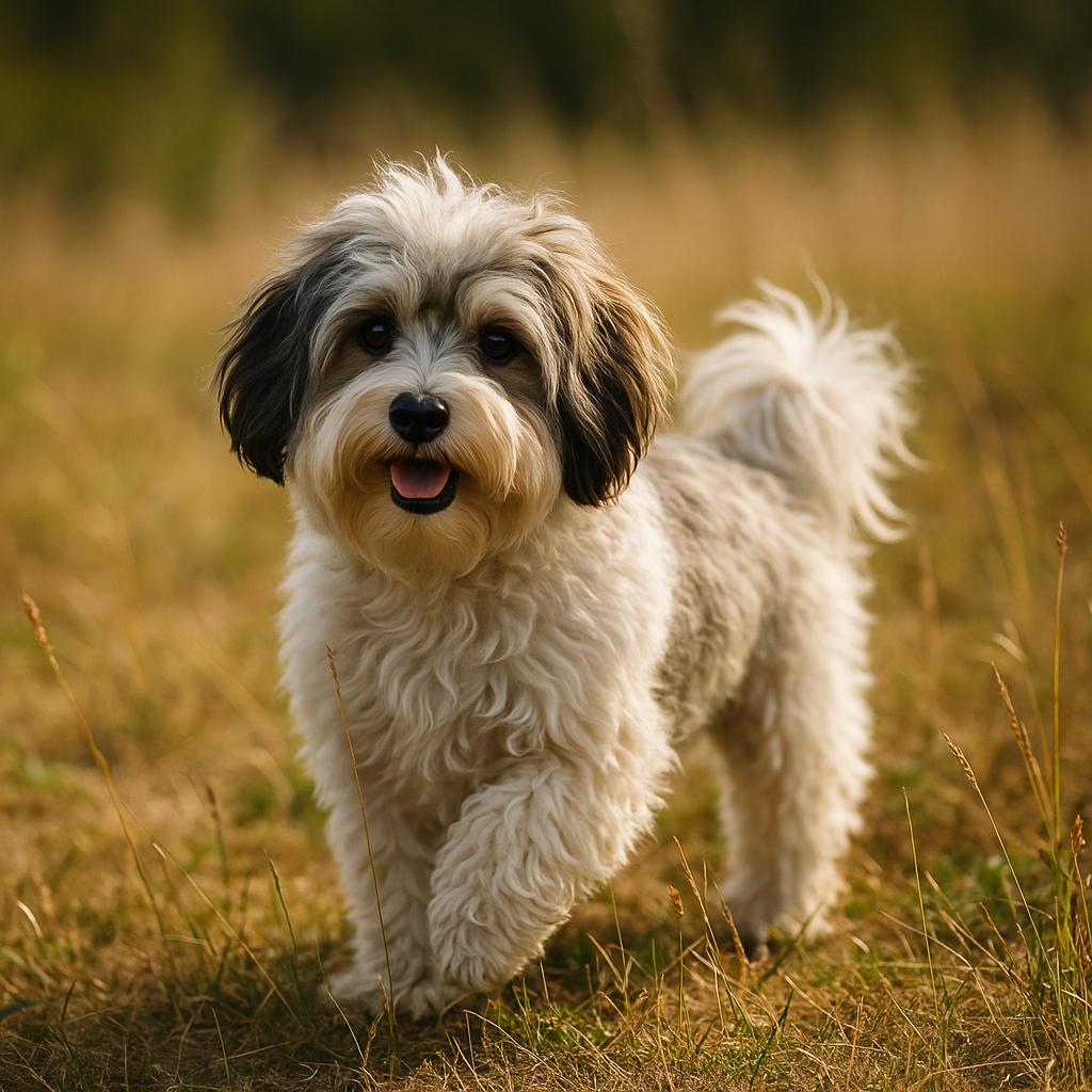 Shaggy toy dog walking through sunlit dry grass.