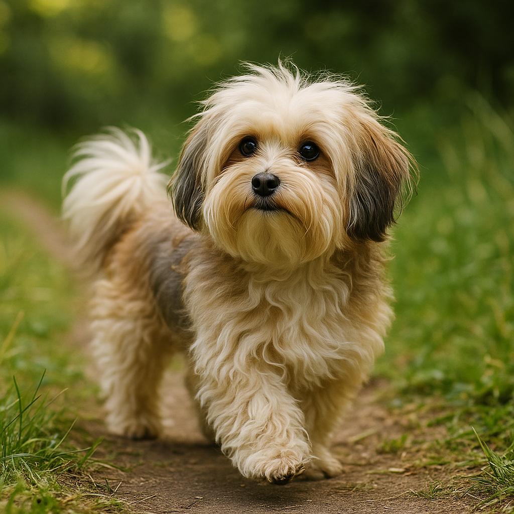 Fluffy cream Havanese walking gently along green path.