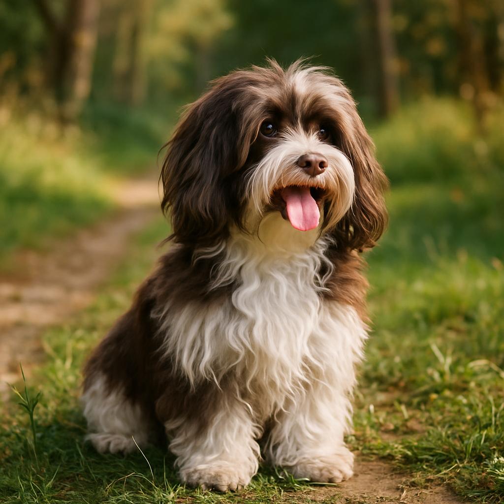 Chocolate Havanese sitting cheerfully in leafy sunlit path.