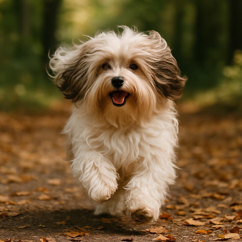 Joyful Havanese mid-gallop through autumn leaf path.