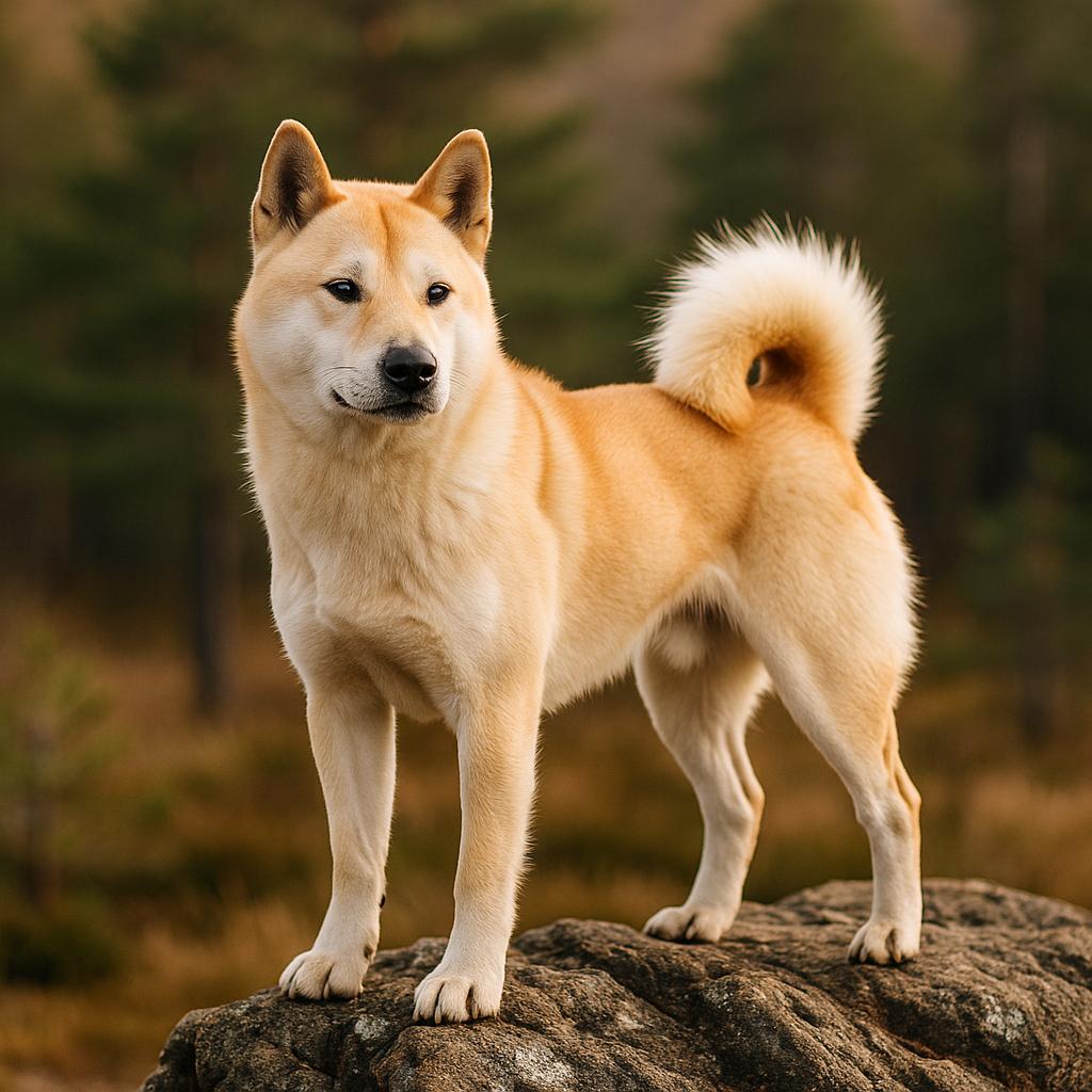 Cream-coated Hokkaido standing confidently on rocky ridge.