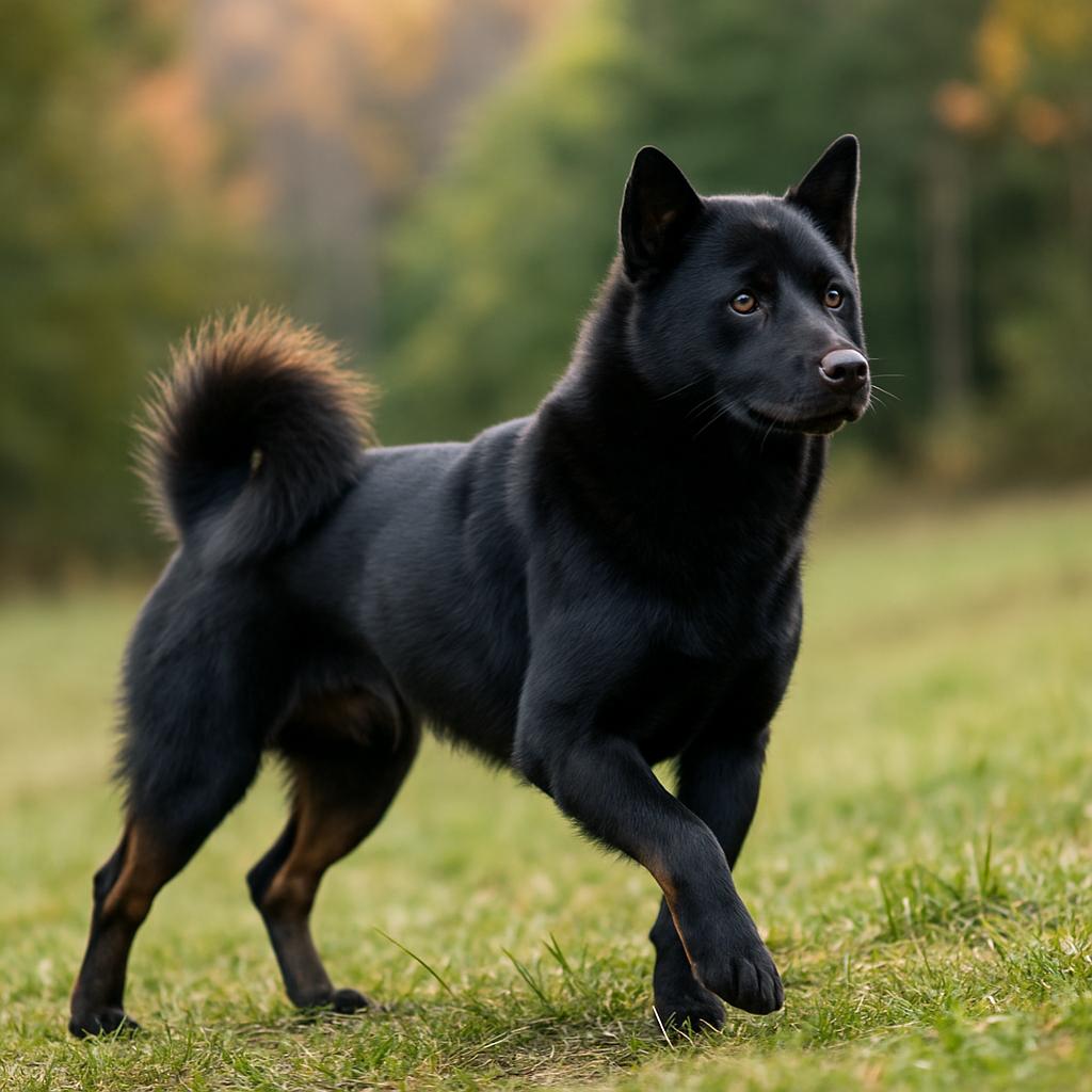 Glossy black Hokkaido stepping alertly through grassy slope.