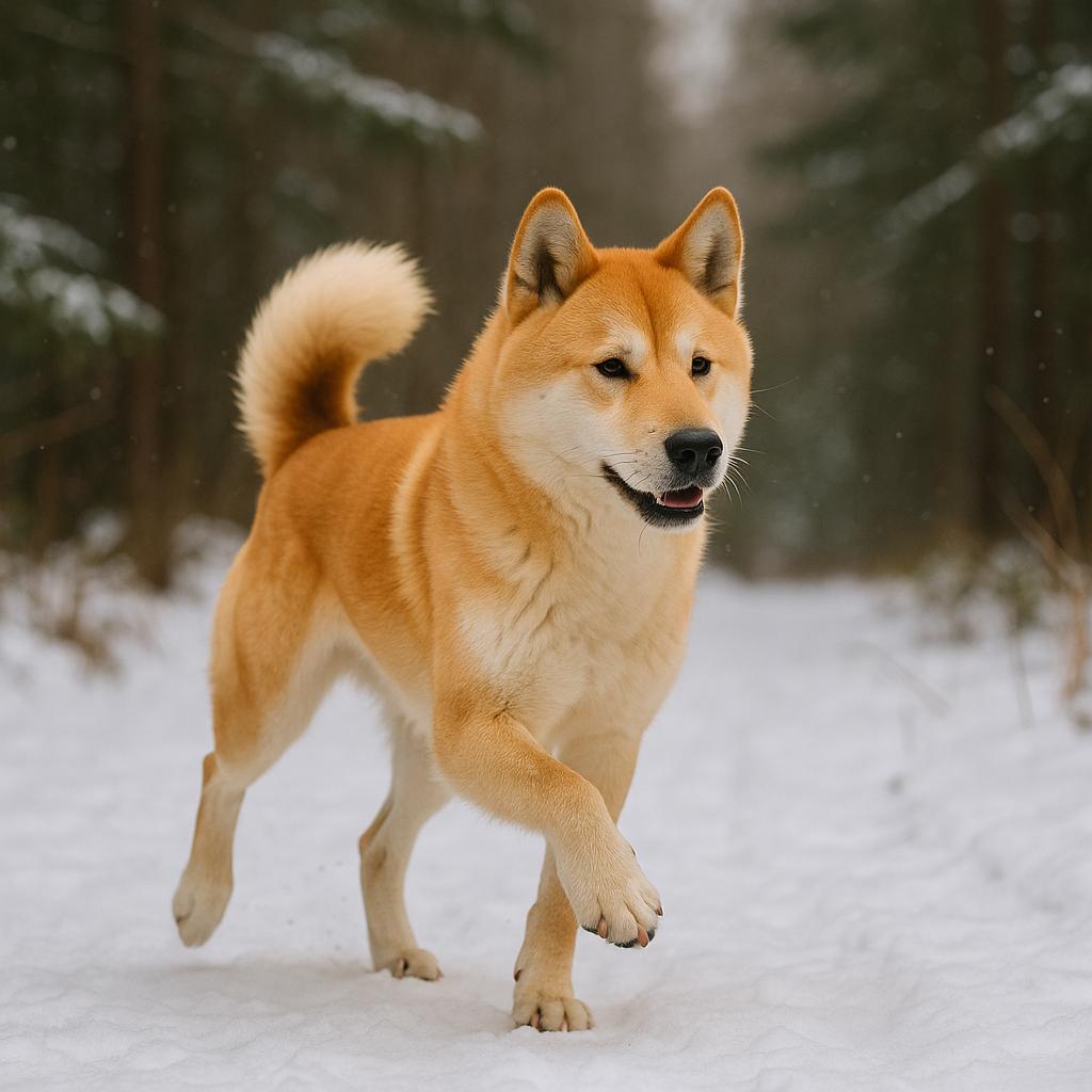Red-and-white Hokkaido bounding through snow-covered forest.