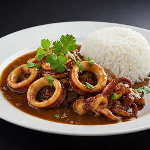 A plate of squid adobo, featuring tender squid in a rich, savory adobo sauce, garnished with fresh herbs and served with rice