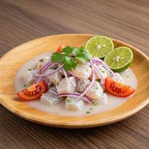 A vibrant and fresh ceviche dish from the Philippine Islands, served in a bowl with chunks of fish, vegetables, and citrus. The dish features a colorful mix of red onions, tomatoes, and cilantro, garnished with a squeeze of lime, showcasing the delicious and refreshing flavors of Filipino cuisine.