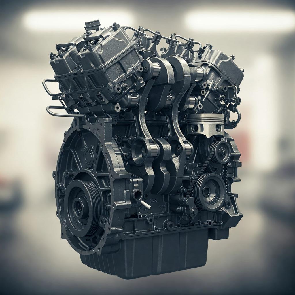 Detailed photographic image of an internal combustion engine, showcasing its intricate components. The image captures the engine's crankshaft, pistons, connecting rods, and valves in sharp focus, highlighting the complex interplay of mechanical parts. The engine block is a deep, metallic grey, reflecting light in a way that emphasizes the engine's industrial strength and precision engineering. The image is captured using a wide-angle lens, providing a comprehensive view of the engine's structure and all of its parts. The background is blurred, allowing the engine to stand out as the primary subject and draw attention to its detailed features."