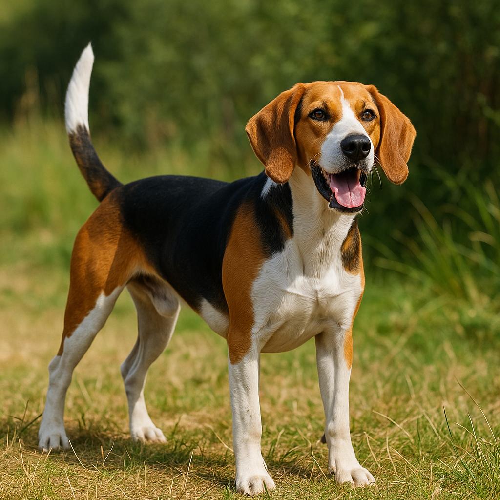 Tricolor scent hound standing alert in sunny grass field.