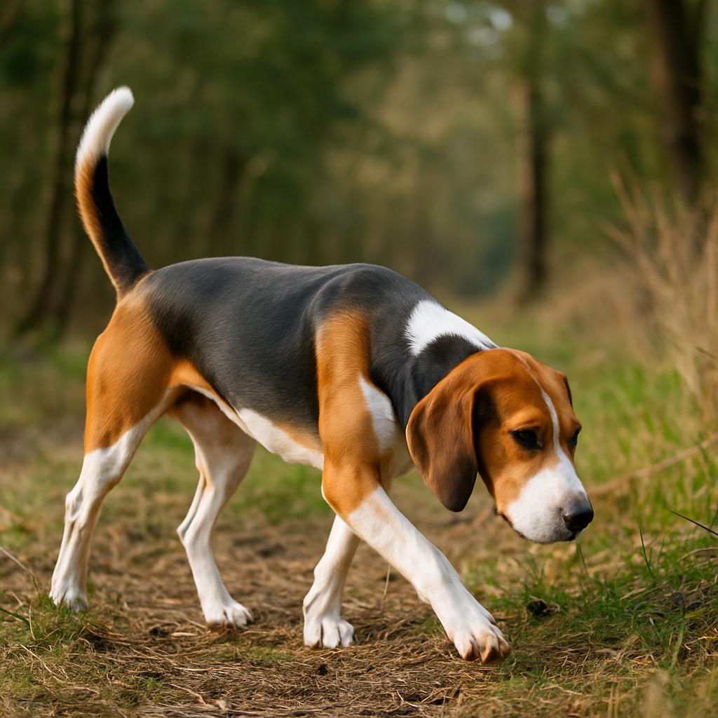 Focused tricolor hound tracking scent through sunlit woods.