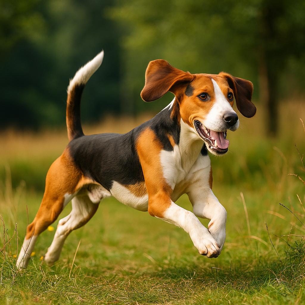 Leaping tricolor hound bounding through sunlit grassy field.