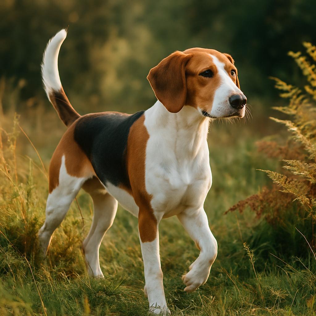 Alert tricolor hound pausing mid-step in golden brush.