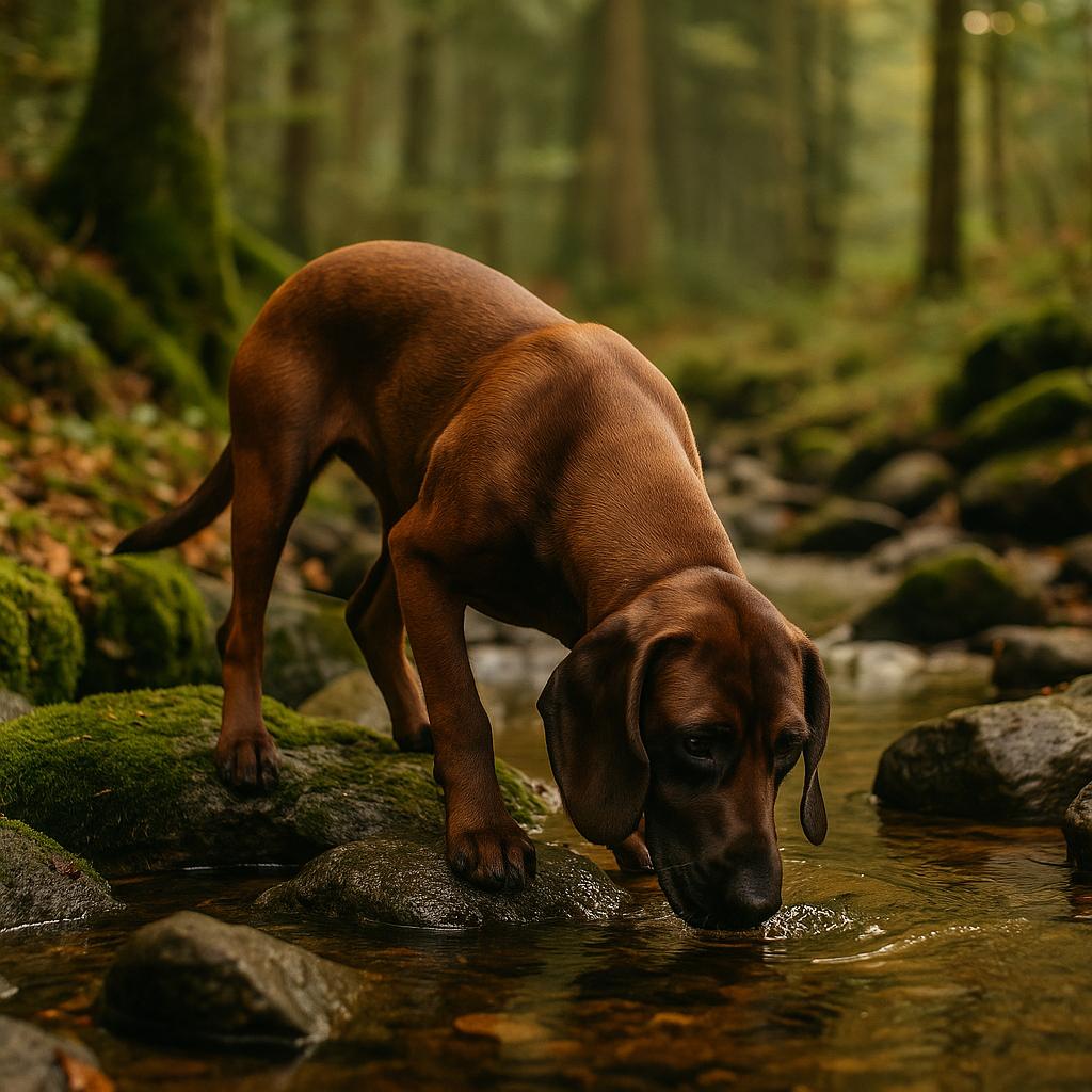 Chocolate-coated tracker drinking from mossy forest stream.