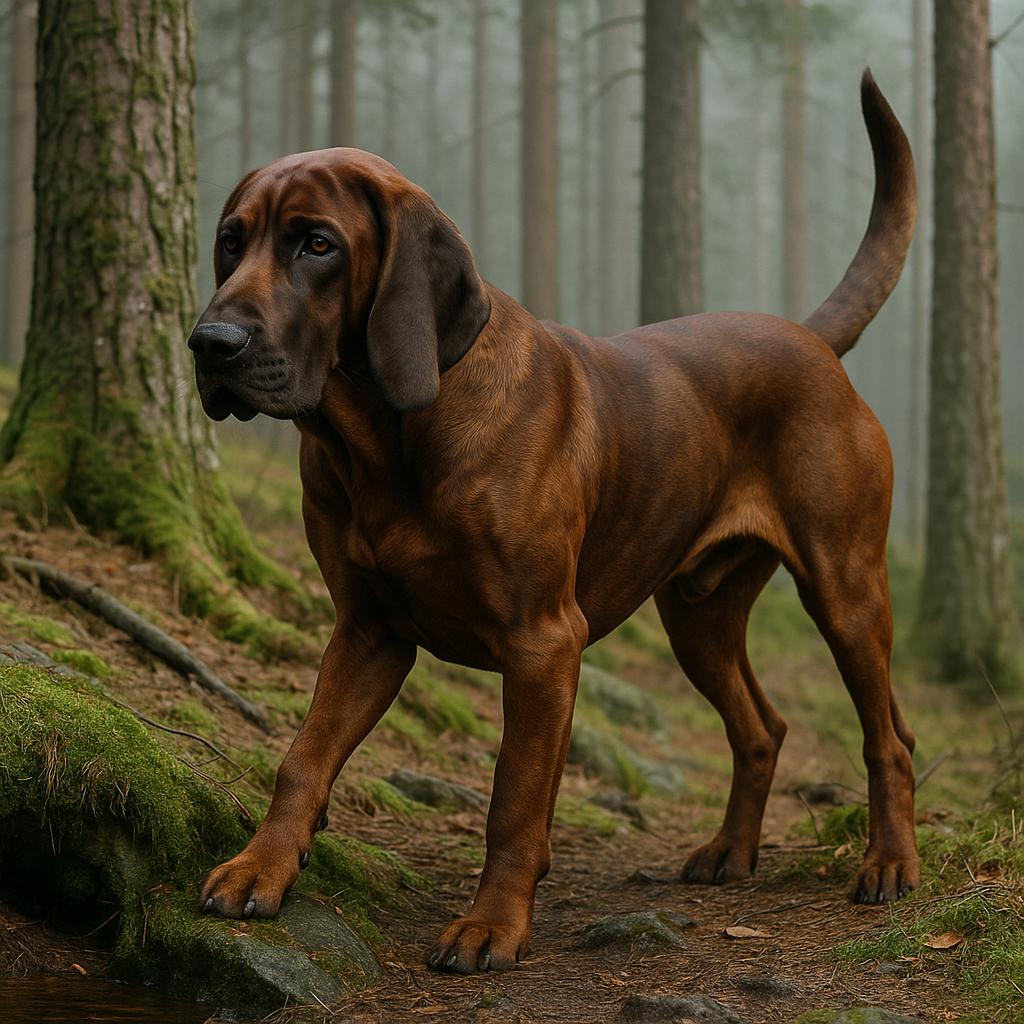 Broad-tracked scent hound striding alert in misty forest.