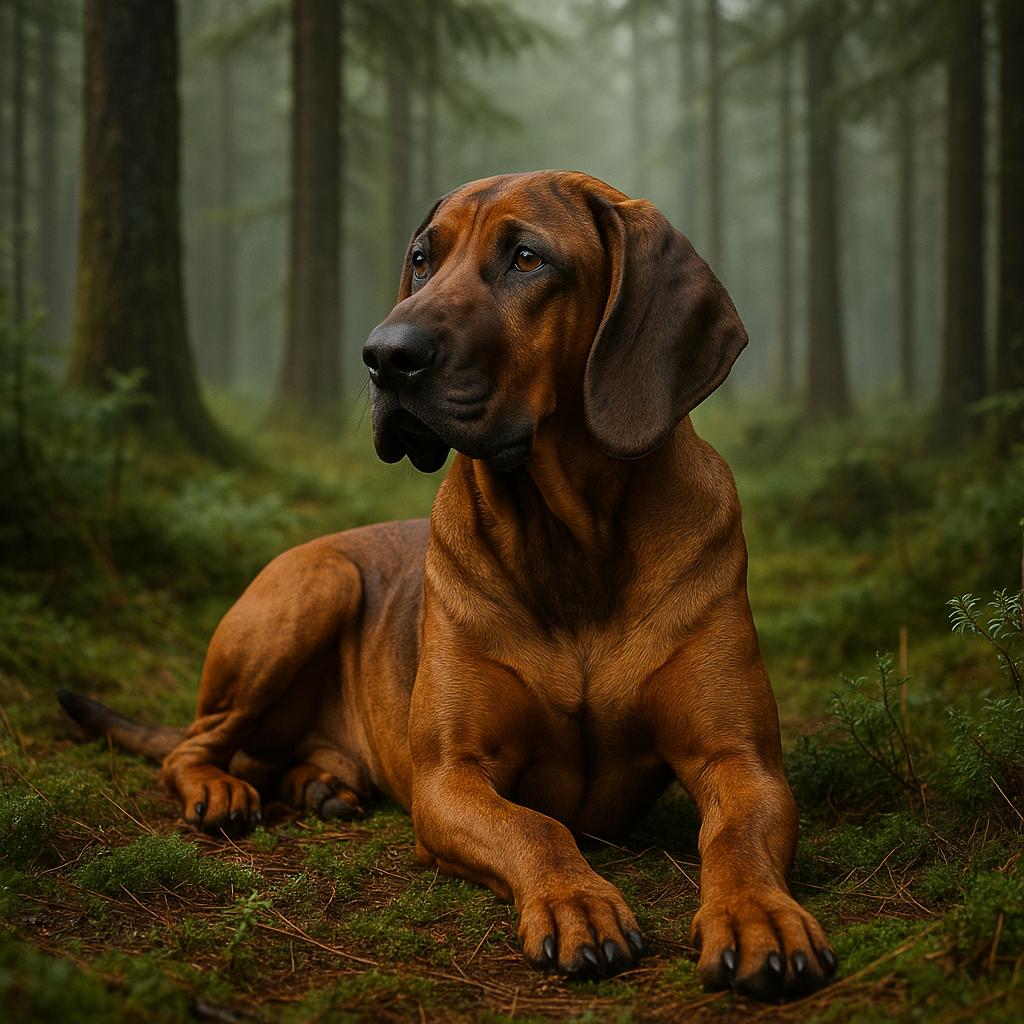 Calm scent hound resting on moss in misty pine forest.