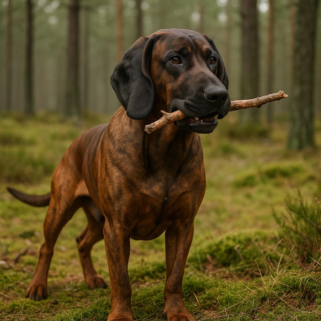 Chocolate scent hound holding stick in mossy woodland.