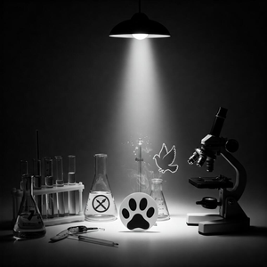An image symbolizing the debate over animal testing ethics, featuring scientific equipment and animal imagery in a thought-provoking, neutral setting.