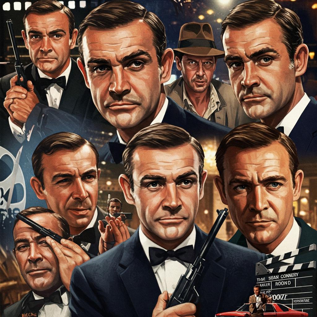 A dynamic montage showcasing Sean Connery in some of his most iconic film roles. The image includes close-ups that capture his charisma and intensity, as well as action scenes that highlight his versatility. The background is a mix of classic cinematic elements, such as a film reel, stage lights and the 007 logo, to emphasise his status as a cinema icon.
