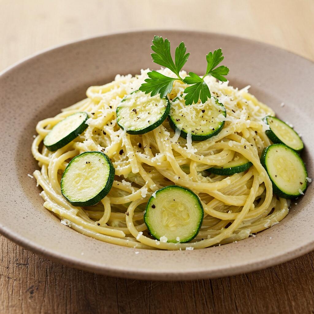 Zucchini carbonara served on a rustic plate, featuring spaghetti tossed with sautéed zucchini, creamy egg-based sauce, and grated cheese