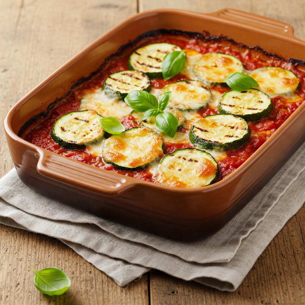 Zucchini parmigiana served in a rustic baking dish, with layers of zucchini, tomato sauce, and melted cheese, garnished with fresh basil