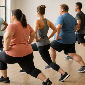Diverse group of people, including individuals with obesity, participating in a fitness class indoors, performing synchronized exercises without visible faces in a bright studio setting.