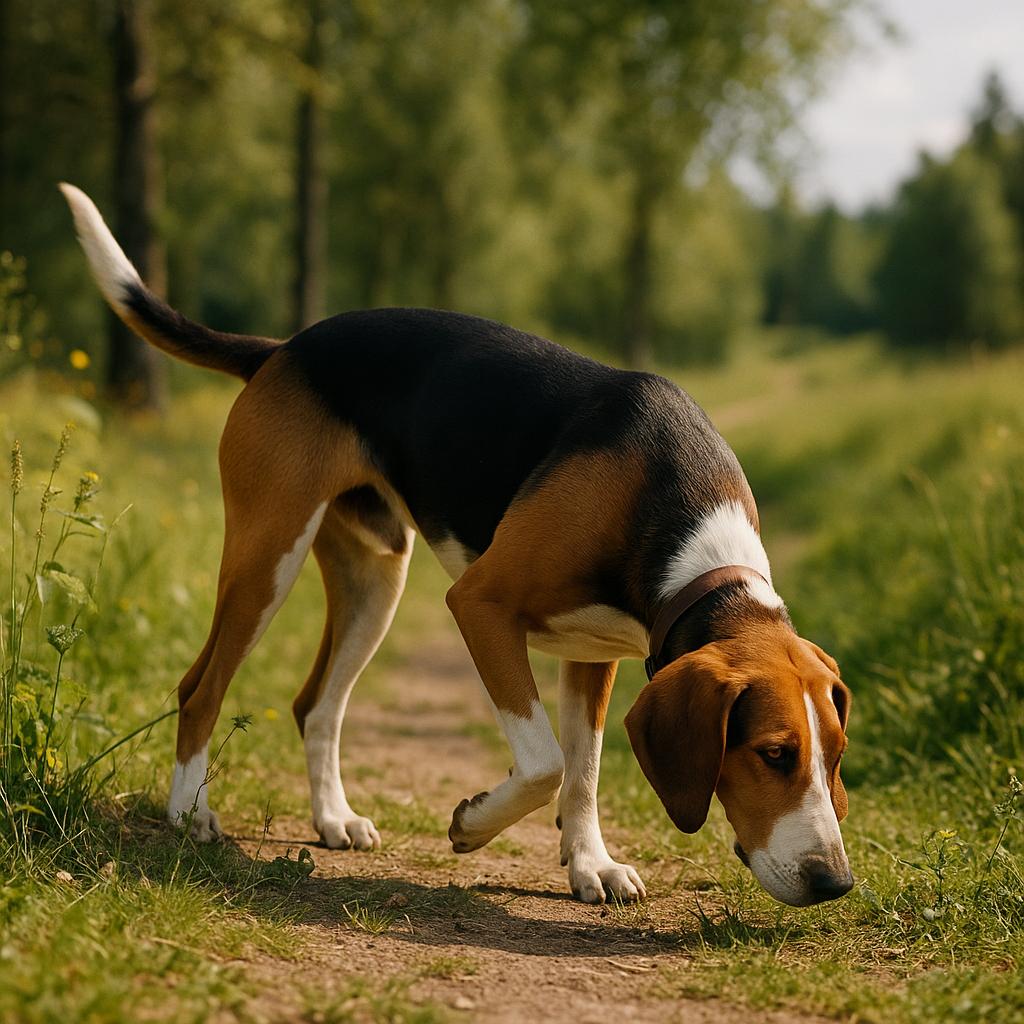 Tricolor hound tracking scent on forest trail.