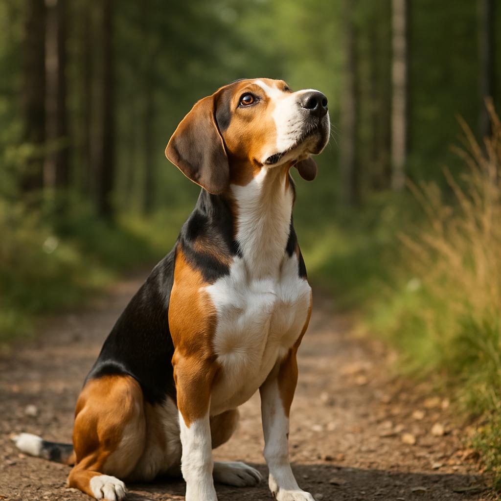 Tricolor hound seated attentively on shaded woodland path.