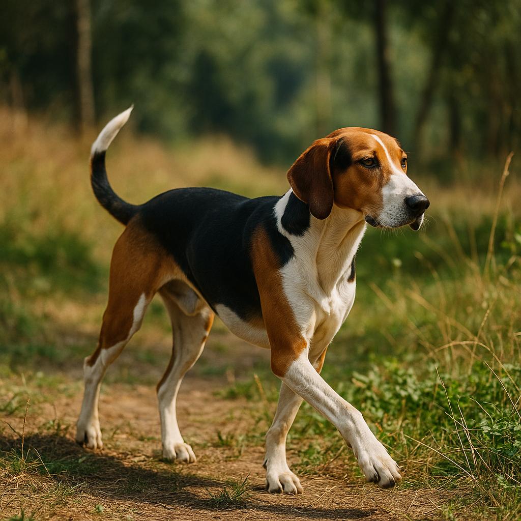 Tricolor hound trotting alertly through sunlit woodland trail.
